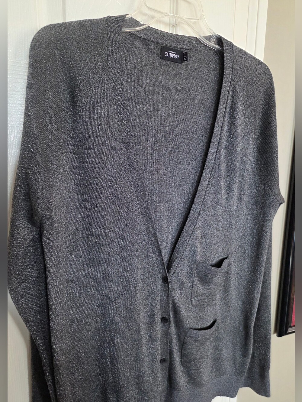 kate spade Saturday Gray Metallic Viscose Button-Front Stacked Pockets Cardigan
